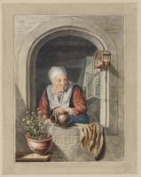 TvB T 046
<br/>
Vrouw in raamopening die bloemen begiet
<br/>
<em>Delfos, Pieter Leonard (1766-1792)</em>